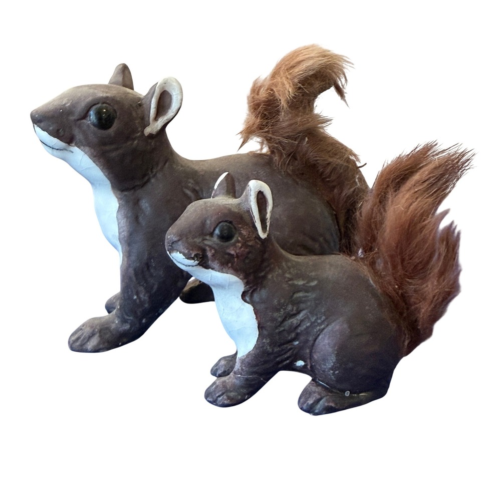Vintage Ceramic Squirrel Figurines Set Mother Baby Brown‎ Fur 3" LOOK AT taiL!